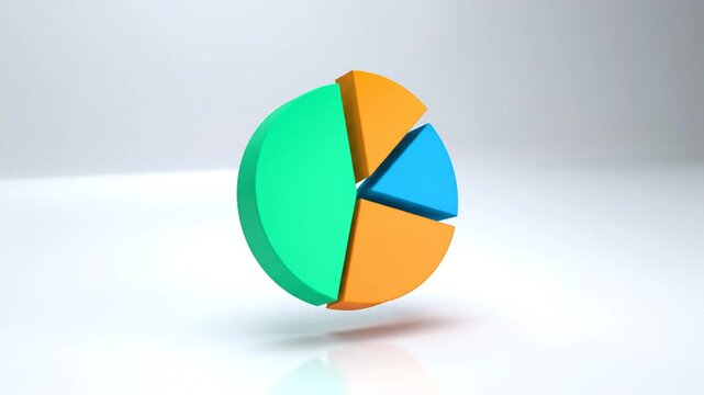 A 3D rendered pie chart, split into 4 segments of different colours. On a white glossy surface