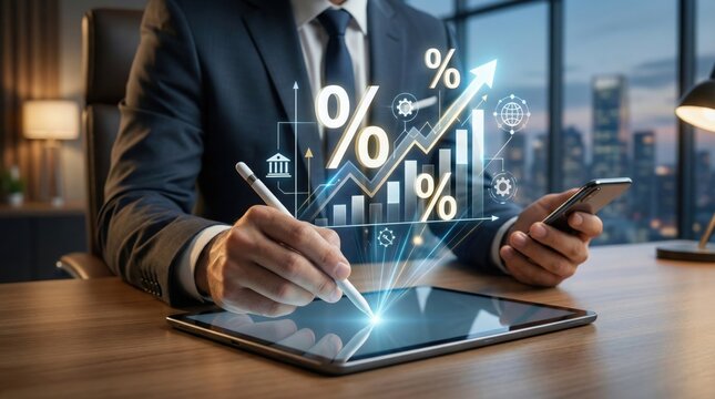 Financial analyst using digital tablet for investment growth,interest rate trends,percentage increase with bar chart and data visualization in corporate business environment - Powered by Adobe
