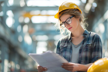Woman in safety gear examines blueprints at a construction site with focus on details in bright surroundings