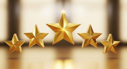 Five shiny golden three dimensional stars illustrating top rated customer service achievement rating or five star quality excellence award concept