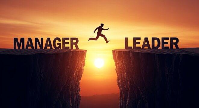 Silhouette of a determined professional leaping across a vast chasm separating the word manager from the aspiration of becoming an effective leader during sunset.
