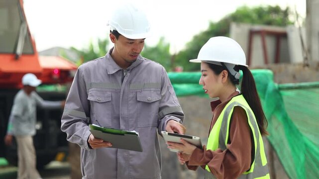 Crane, Asian japanes Man and woman working, Architect or contractor working on house building under construction site. Professional Architects Engineer. Civil Engineering in safety harthat helmet