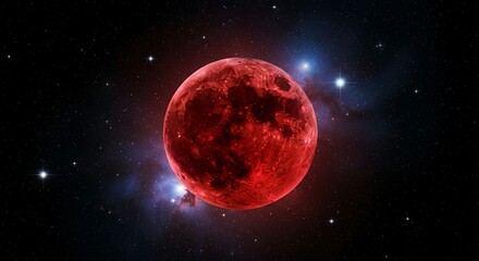 Stunning visual representation of a massive red moon or blood moon celestial body glowing intensely against the deep black backdrop of outer space and distant stars.