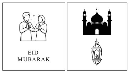 Elegant graphic design elements symbolizing a cherished religious festival, featuring heartwarming greetings, an iconic mosque, and a beautiful traditional lantern design