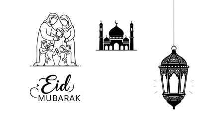 Illustrative vector collection portraying Islamic traditions, featuring a family, mosque, and an elegant lantern, perfect for Eid Mubarak celebrations and cultural designs