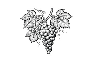 Fototapeta premium Engraved grapes with leaves illustration. Black and white botanical detailed drawing