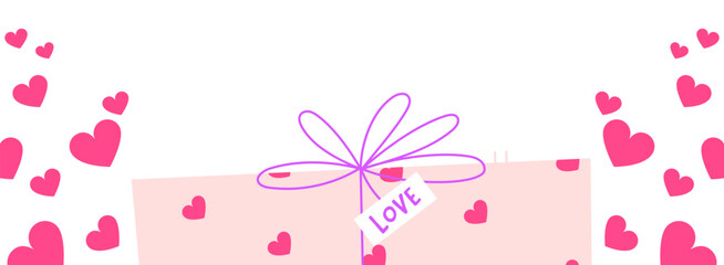 Romantic vector banner with gift box, bow and floating hearts. Love border design for Valentine's Day cards, headers, invitations, social media banners and festive layouts