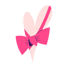 Vector heart with pink bow in flat style. Romantic illustration for Valentine's Day cards, gifts, love stickers, wedding design, social media, web and print projects