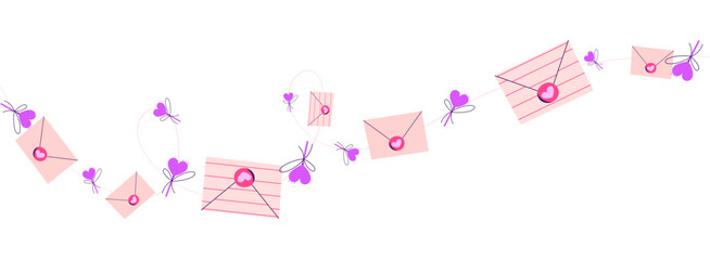 Romantic vector wave border with love letters, hearts and bows. Valentine's Day design for greeting cards, invitations, wedding layouts, banners, social media and web projects