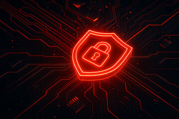 Cybersecurity threat warning with futuristic red glowing shield padlock symbolizing high risk of cyber attack