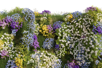 A wall of colorful blooming flowers with isolated on transparent background. PNG file, 3D rendering illustration