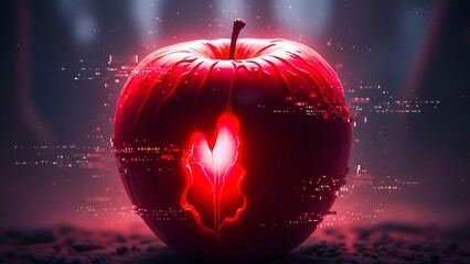 Cybernetic forbidden fruit: A futuristic red apple with glowing code integration
