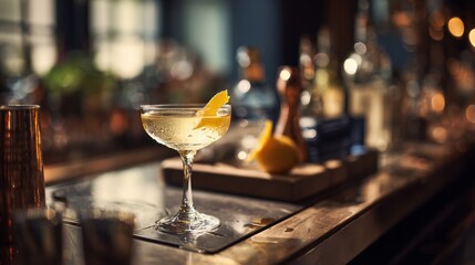 cocktail glass on an elegant bar counter