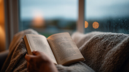Hand Holding Paperback Open on Lap with Blanket, Soft-Focus Living Room and Rainy Window, Capturing Cozy Afternoon Leisure.