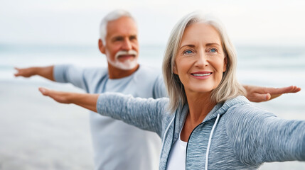 Senior couple practicing yoga outdoors with synchronized breathing and relaxed expressions, mindfulness, wellness and active aging lifestyle concept.