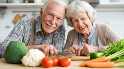 Elderly couple cooking dinner together using fresh vegetables in a home kitchen, healthy lifestyle, family bonding, and active aging concept.