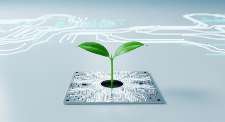 Digital Transformation: Green Technology Concept. Plant Growing on a Circuit Board, Representing Sustainability and Future Tech.