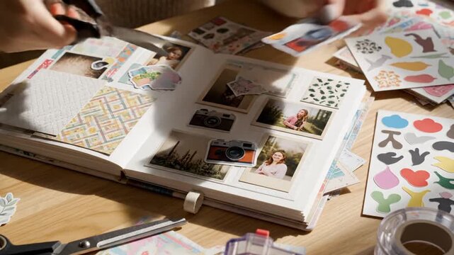 Close-up of hands decorating a scrapbook with stickers and photos, creative hobby.