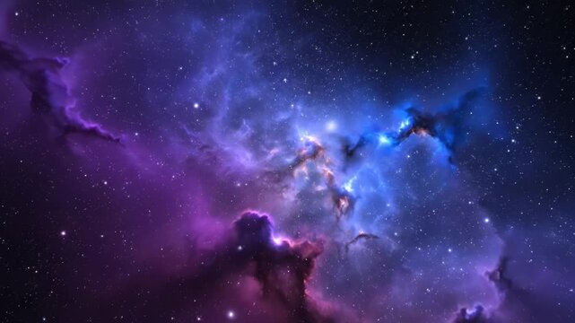 Vibrant purple and blue nebula with stars shining bright in a dark space cosmic scene