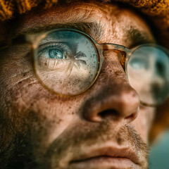 Close-up portrait of man wearing glasses with palm trees and ocean reflections, symbolizing travel dreams and summer calm

