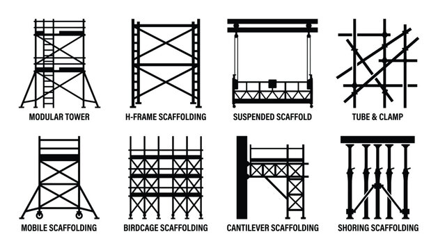 Different scaffolding types vector illustration for construction, modular tower, h-frame, suspended scaffold, shoring, tube and clamp