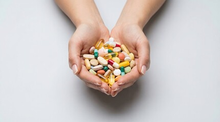Obraz premium Hands Holding Multicolored Pills, Indoor Setting, Close-Up View, Wellness Concept