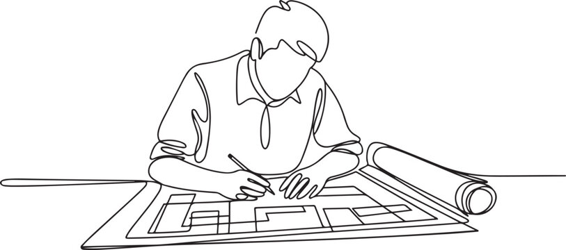 One single line drawing of young architect studying draft construction plan blueprint design. Building architecture business concept. one line Icon drawing
