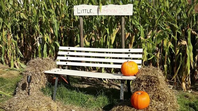 Pumpkins on bench in front of cornfield corn autumn patch thanksgiving halloween picking orchard background scene wallpaper fall harvest. High quality FullHD footage