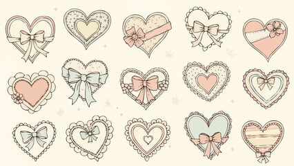 Collection of Hand Drawn Hearts with Ribbons and Lace.