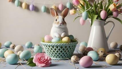 Easter bunny decoration with colorful eggs and flowers on a table