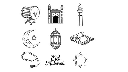 Stylized line art collection featuring Islamic religious and cultural symbols, perfect for Eid celebrations, showcasing traditional elements like mosques, lanterns, and prayer accessories