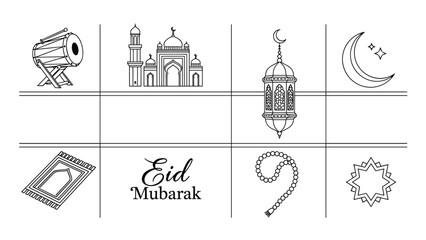 Elegant line art icons of Islamic symbols for Eid Mubarak. Features mosque, crescent moon, lantern, prayer mat, drum, and beads, perfect for festive designs