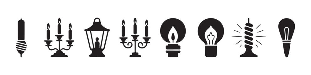 Light bulbs candelabras and street lantern black silhouette icons set vector illustration collection