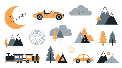 Whimsical collection of nursery elements includes a sleeping moon, cars, a train, mountains, pine trees, and fluffy clouds in soft colors.