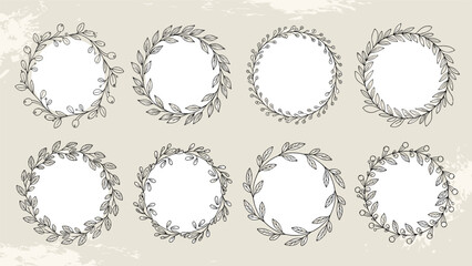 Obraz premium Large set of eight unique hand drawn laurel wreaths and circular floral frames in a sketchy black and white style for classic logo designs.
