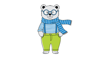 Stylish polar bear character stands tall wearing a blue striped sweater with suspenders and lime green pants in a trendy hipster style.