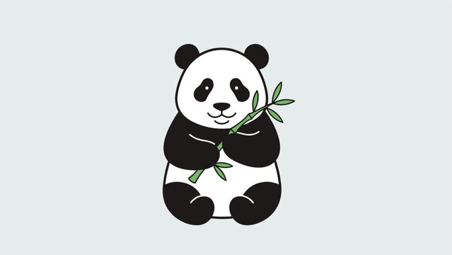 Cute giant panda illustration features the adorable animal sitting and eating green bamboo stalks against a clean light grey background.