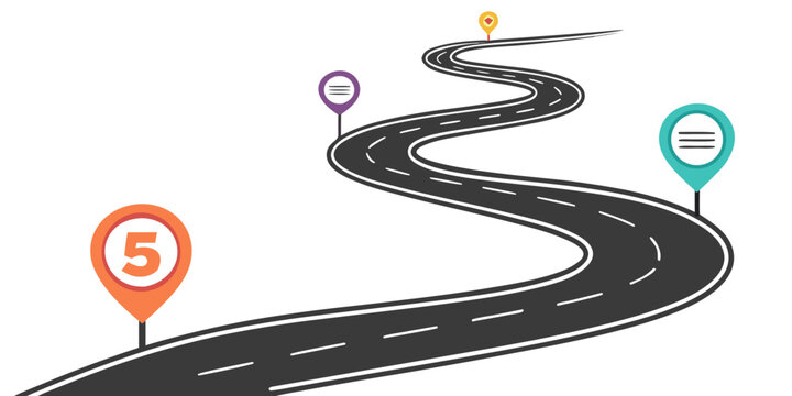 Winding road with colorful location pins and milestones vector