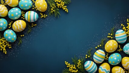 Easter egg border on dark blue background with floral accents