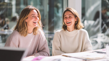 Two women engaged in a lively design discussion in a bright workspace with a blurred tablet on the table