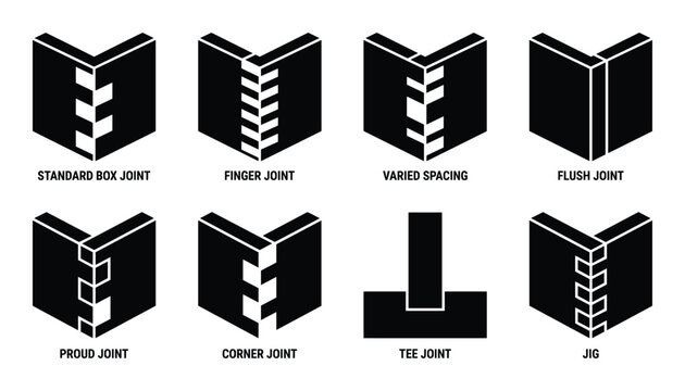 Woodworking joints guide, illustrations of different wood joint types, including box, finger, flush, proud, corner, tee and jig.