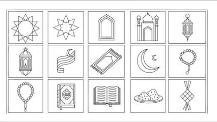 Set of minimalist Islamic symbols and Ramadan themed line art icons, perfect for representing faith, worship, and cultural traditions during Eid
