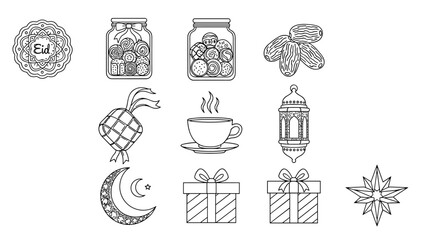 Elegant line art icon set for Islamic celebrations, featuring traditional elements, symbols, and festive items for Ramadan and Eid Al-Fitr designs