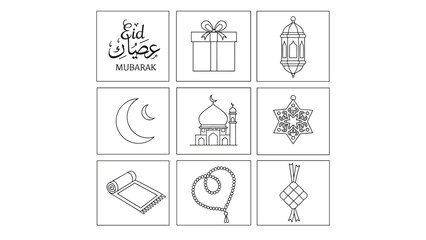 Elegant Line Art Collection of Ramadan and Eid Al-Fitr Symbols for Festive Islamic Occasions and Celebrations