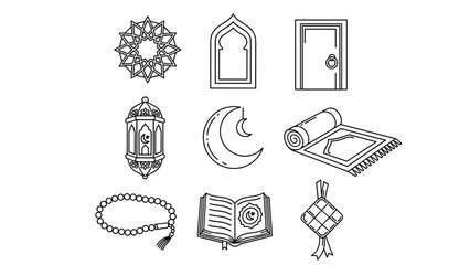 A comprehensive set of minimalist line art vector icons representing Islamic culture and Ramadan essentials for festive designs and holy month celebrations
