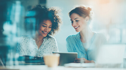 Two women discussing plans together using a tablet in a bright, modern workspace during the day