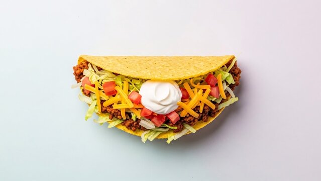 Delicious taco filled with seasoned meat, lettuce, tomatoes, cheese, and sour cream on a plain background