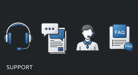 Customer Support Icons - Headset, Chat, Agent, and FAQ for Assistance.