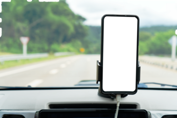Smartphone with blank transparent screen mockup on car dashboard mount. Perfect for displaying navigation apps or travel technology with a blurred road and forest background.