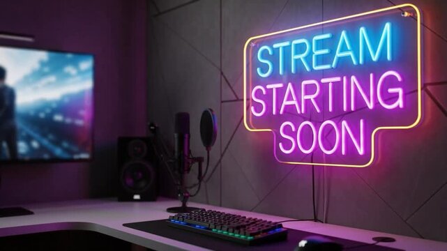 Streamer setup with neon sign saying stream starting soon